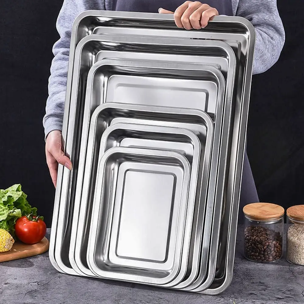 1Pcs Grill Meat Deep Stainless Steel Tray Rectangle Kitchen Accessories Steamed Rice Sausage Plate Barbecue Tea Storage