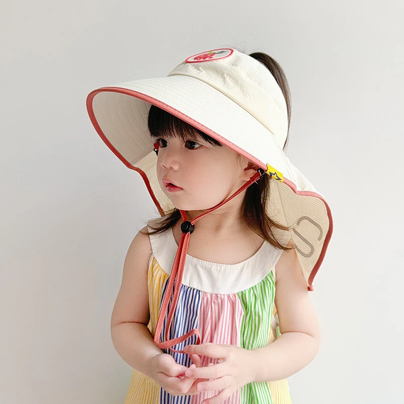 الصيف الاطفال قبعة للحماية من الشمس في الهواء الطلق المضادة للأشعة فوق البنفسجية قبعة بواقٍ للشمس مع شال لطيف الكرتون كبيرة حافة الاطفال صبي فتاة دلو القبعات