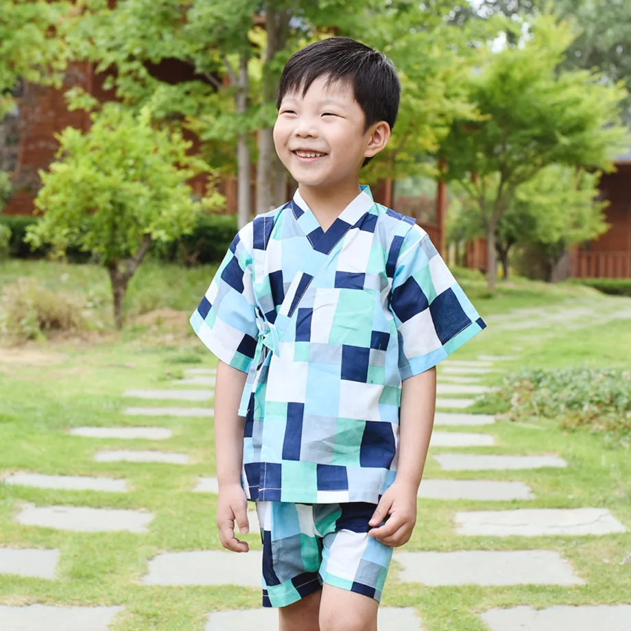 Japanese Cotton Children's Kimono Pajamas Set Boys Baby Short-Sleeved Creative Plaid Print Simple Sleepwear Pajamas Set LC827