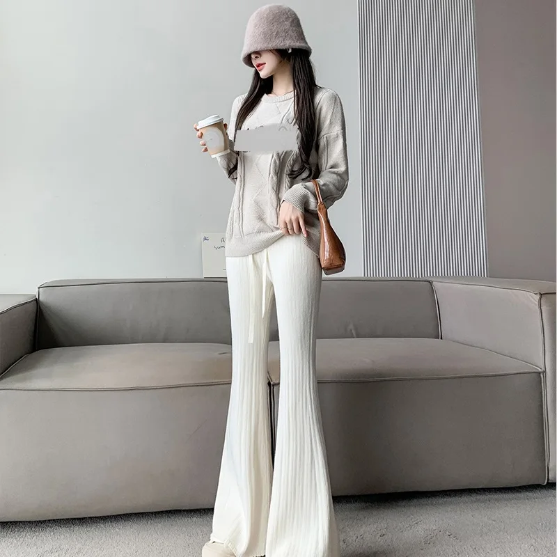 Soft Glutinous Pit Knitted Pants Women's 2023 Autumn/Winter High Waist Slim Wide Leg Pants Loose Relaxed Slim Flare Pants
