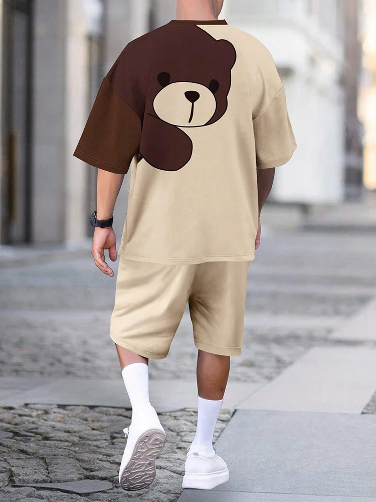 thumbnail image 1 of Conjunto de pantalones cortos de manga corta con estampado de oso pardo de dibujos animados para hombre, camiseta informal de verano para uso diario, pantalones cortos de playa de moda urbana para hom, 1 of 4