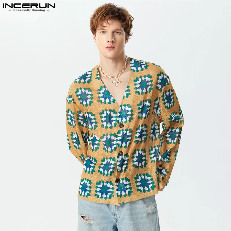 

2024 Men Shirt Printing Lace Transparent V Neck Long Sleeve Men Clothing Streetwear Loose Fashion Casual Camisas S-5XL INCERUN
