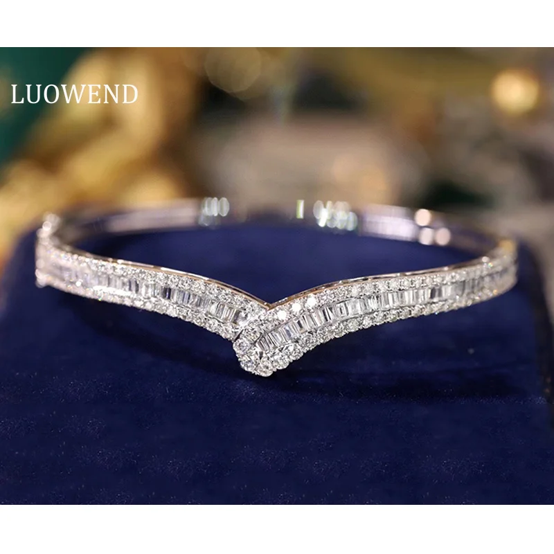 

LUOWEND 100% 18K White Gold Bangle Luxury Elegant Style 2.3carat Real Natural Diamond Bangle for Women High Party Jewelry