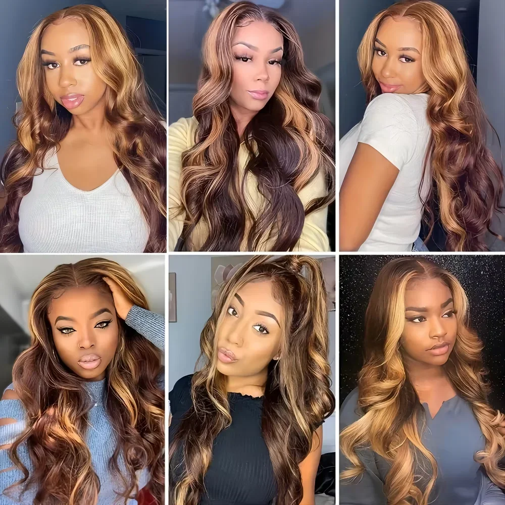  3B 3C Honey Blonde Ombre Lace Front Wig Human Hair Highlight Body Wave HD Lace Front Wigs Human Hair 4/27 Colored 28 Inch 3