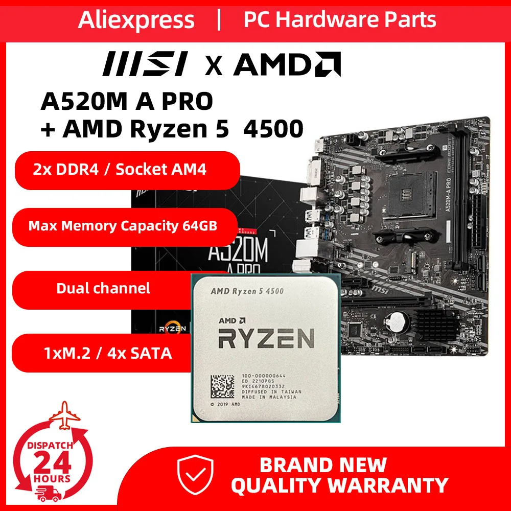 MSI A520M 프로 게이밍 마더보드, CPU 포함, AMD Ryzen 5 4500, placa mae 키트, DDR4 M.2 USB3.2 STAT 3.0 SSD 64G