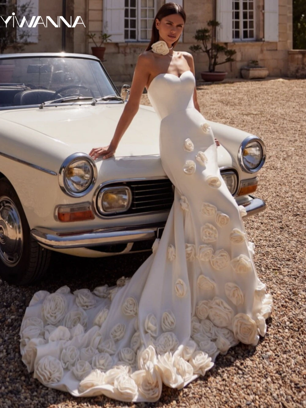 순수한 화이트 컬러의 더블 V넥 러플 웨딩 원피스, 여름 비치를 떠올리는 나비 디자인으로 매력을 더한 A라인 쉬폰 바닥길이 반팔 원피스. 11 로맨틱 스위트 넥 웨딩 원피스, 클래식 3D 꽃 신부 로브, 우아한 새틴 인어 긴 신부 가운