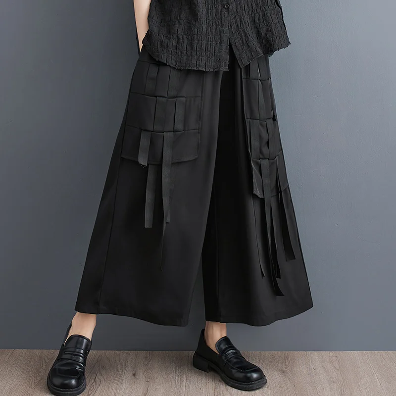 #2961 Black Streetwear Wide Leg Pants Women Ribbons Hip Hop Pants Ankle-length Loose Joggers Women High Waisted Trousers Summer goplus high waist jeans straight denim jeans ankle length trousers split black pants korean style taille haute femme c60546