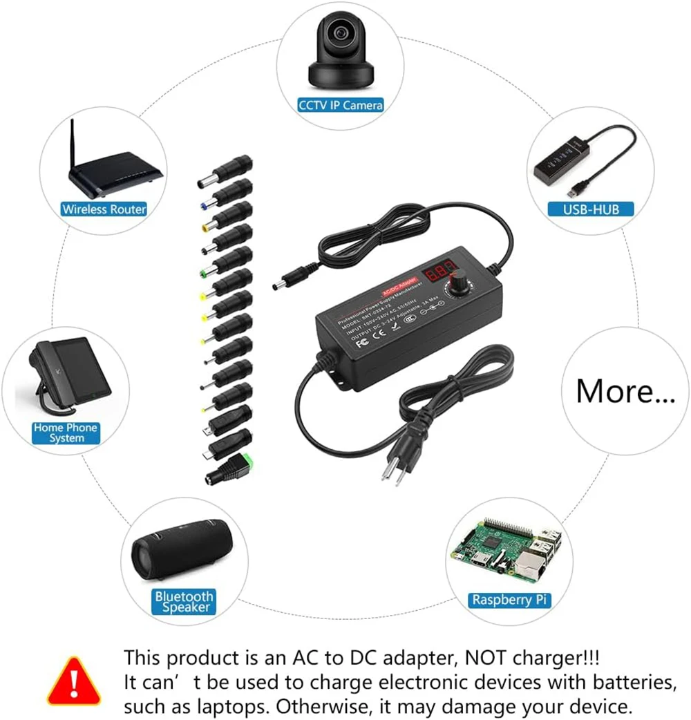 Alimentatore Universale 72W 3V-24V Con 14 Adattatori E Convertitore Di Polarità – Per LED, Router, Fotocamere E Stampanti 3D