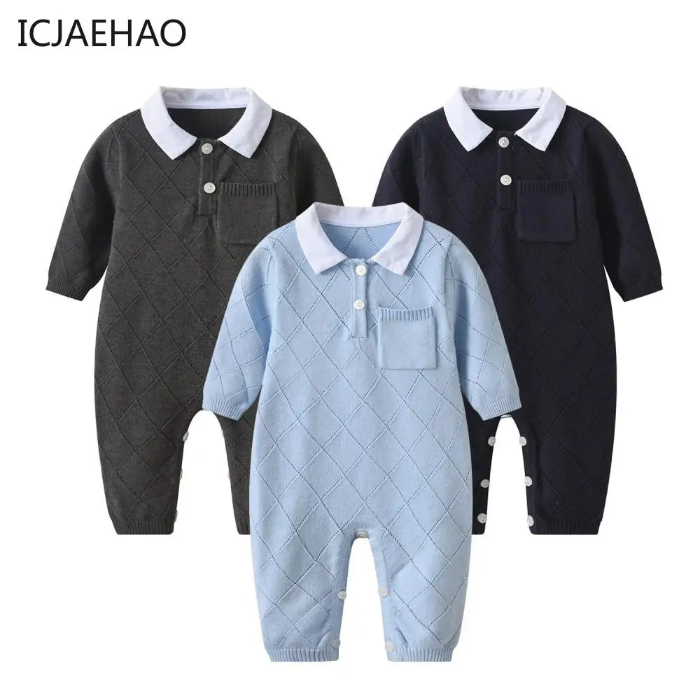 Baby Boys Knit Rompers for Autumn Newborns Jumpsuit Polo Rhomboid Knitted Bodysuits Children Clothes Playwear Kids Knitwear