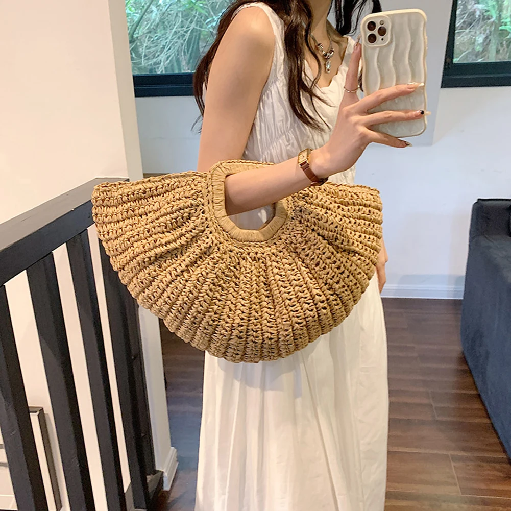 Women Handmade Straw Tote Bag Large Capacity Half-Moon Straw Handbag Solid Color Simple Weaving Wrist Bag Female Daily Bag