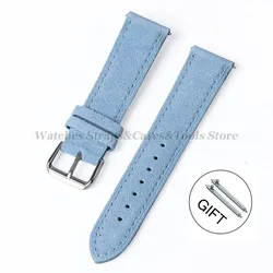 Vintage Handmade Suede Leather Watchband with Stitching Details for 22mm (Light Blue)