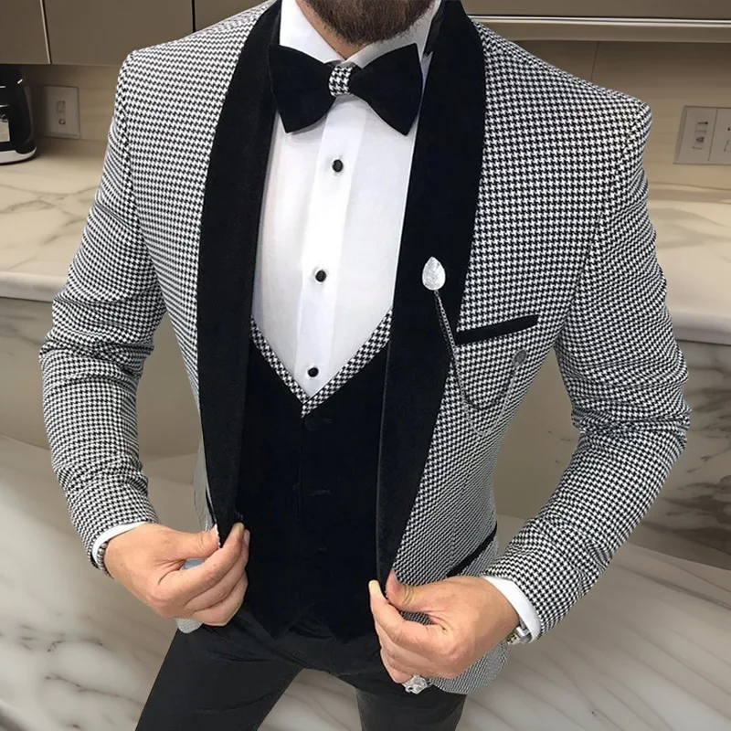 3 Pcs Houndstooth Men Suit Slim Fit for Dinner Prom Tailor Groom Wedding Tuxedo Best Male Fashion (Jacket + Pants + Vest)
