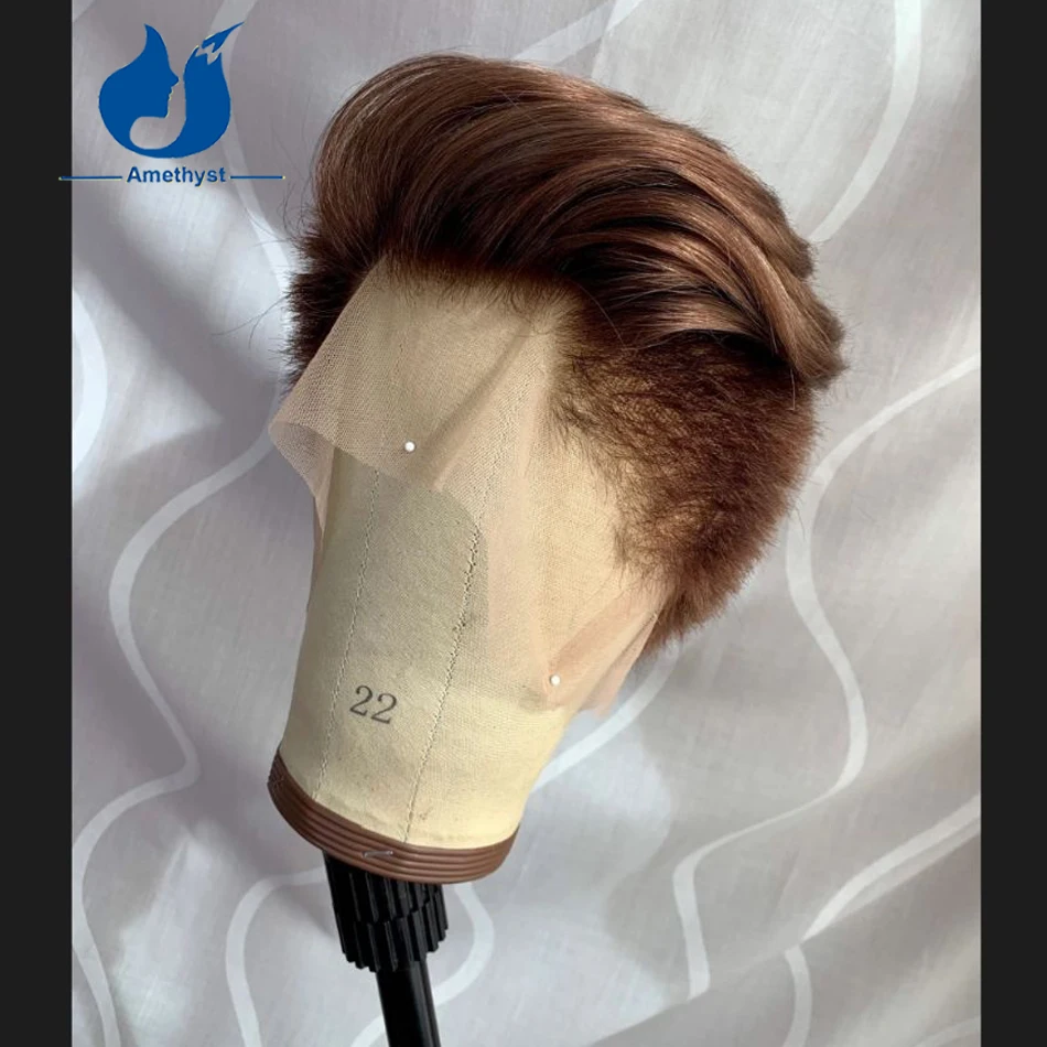 Amethyst Color #4 Brown Pixie Cut Bob Wig for Men Short European Boy Cut Shaved Full Lace Human Remy Hair Wig Black Preplucked