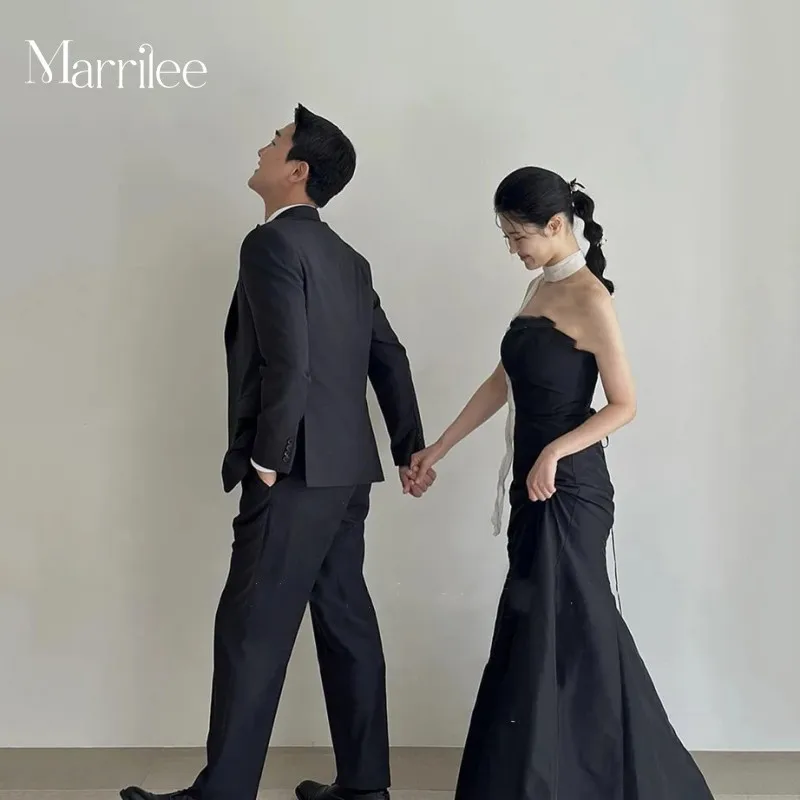

Simple Black Satin Korea Lady Evening Dresses Strapless Ribbon Top Back Wedding Photo shoot Party Dress Formal Event Gowns 2024