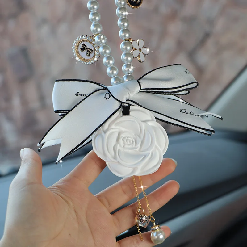 Pearl Camellia Flower Tassel Car Pendant Gypsum Aromatherapy Auto Rearview  Mirror Hanging Ornaments Decoration Accessories Girls
