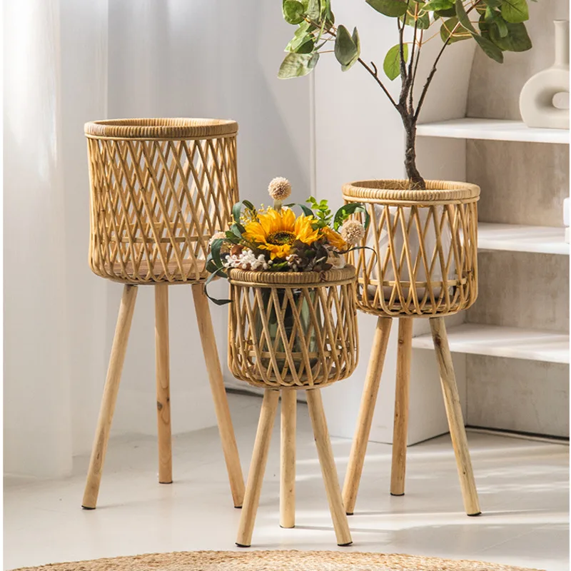 Nordic Living Room Plant Shelves Bamboo Woven Material Flower Stand Hollow Design Shelf Decoration Durable Rack For Plants