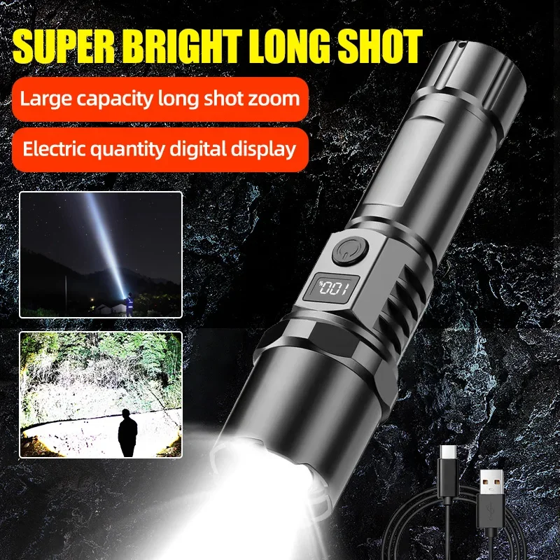 Super Bright White Laser Led Flashlight Tactical Torch with Power Display USB Rechargeable Camping Emergency Zoom Lantern
