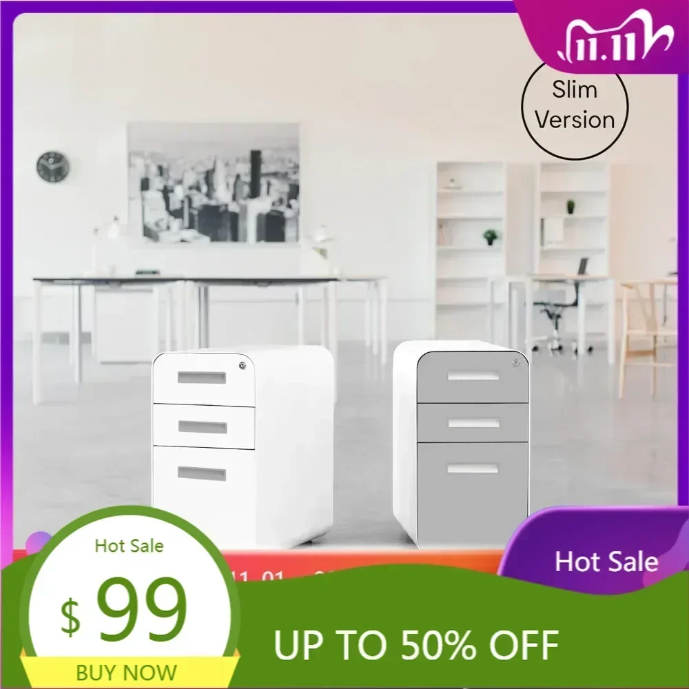 "compact 3-drawer rolling file cabinet with lock, suitable for legal/letter files, under desk storage"