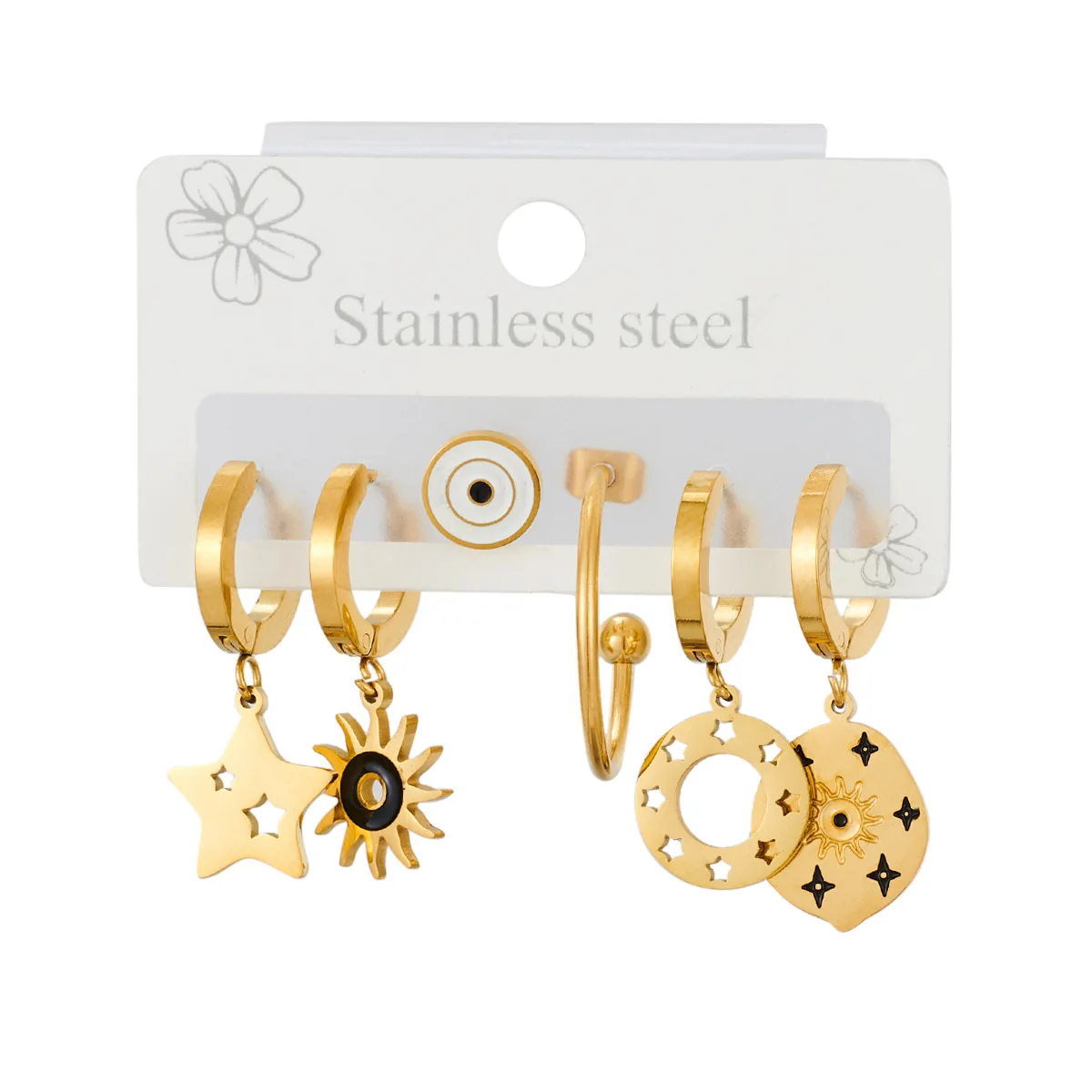 6pcs Stainless Steel Star Sun Drop Earrings for Women Fashion Anti-rust Ear Jewelry Party 1