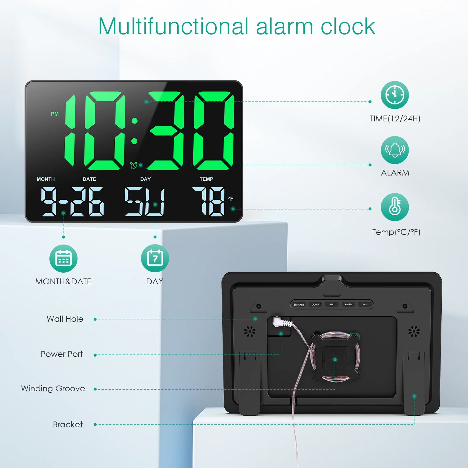 Digital Wall Clock 11.5" Large LED Display with Date Temp Display for Living Room Bedroom Office Gym Garage