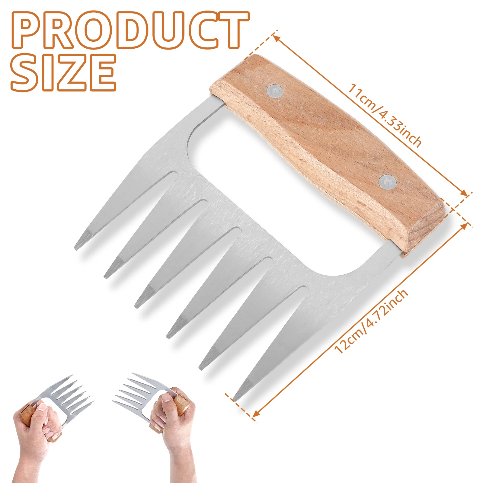 2Pcs Meat Shredder Claws Wood Handle Stainless Steel BBQ Meat Claws Efficient Pulled Pork Shredder Portable Pork Shredding