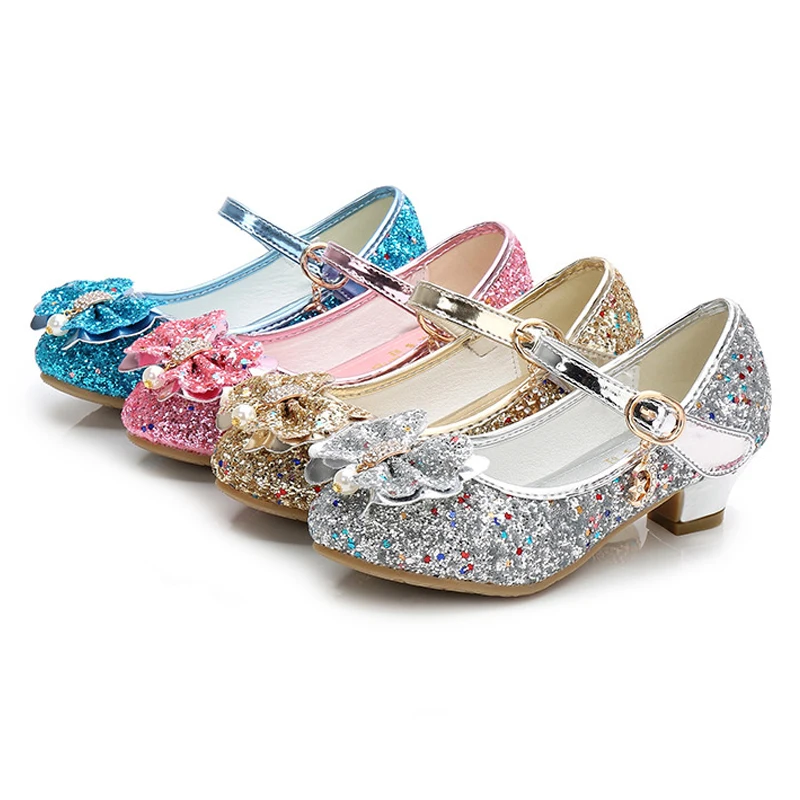 

Baby Girls Shiny Crystal Shoes Butterfly Knot Sequins Girls Princess Shoes Birthday Party Leather Shoes Girls High-Heel Sandals