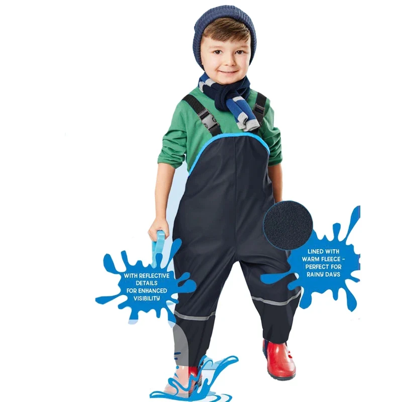 Kids Rain Pants - Autumn/Spring Waterproof Trousers with Fleece Lining, Windproof Design, and Loose Fit - Ideal for Boys and Girls