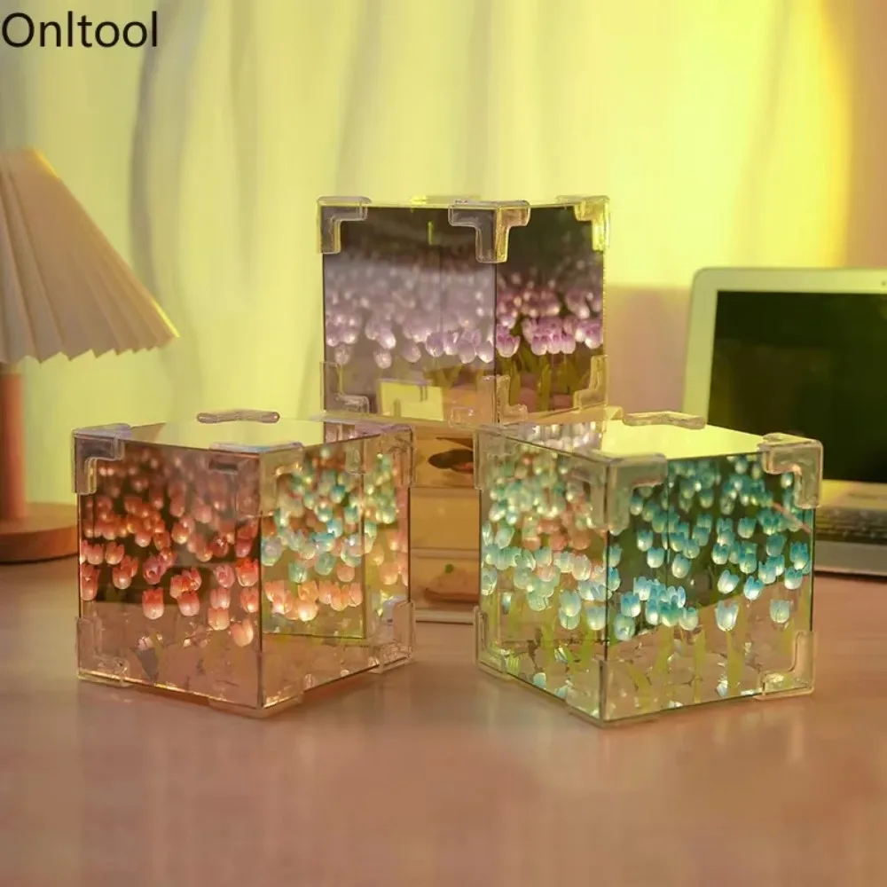 LED Night Light DIY 3D Cloud Tulip Flower Sea Mirror Table Lamps Bedroom Ornaments