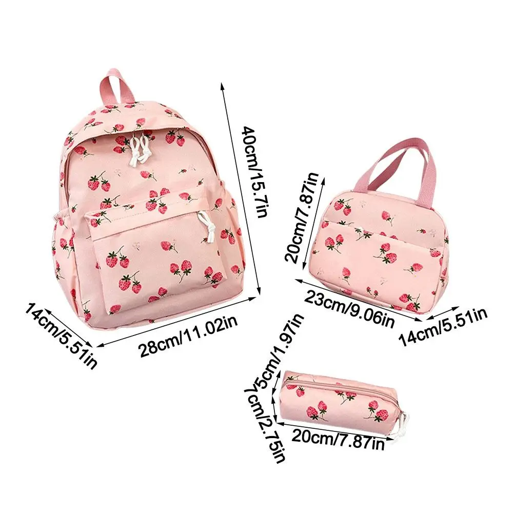 Oxford Cloth Strawberry Backpack Large Capacity Adjustable School Bag Preppy Style with Lunch Bag & Pencil Case Travel Backpack 6