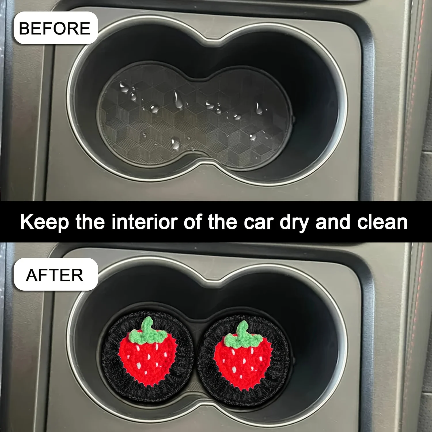 4pcs 수제 크로 셰 뜨개질 딸기 자동차 컵 매트, 귀여운 패브릭 자동차 컵 홀더 삽입, 크로 셰 뜨개질 자동차 장식