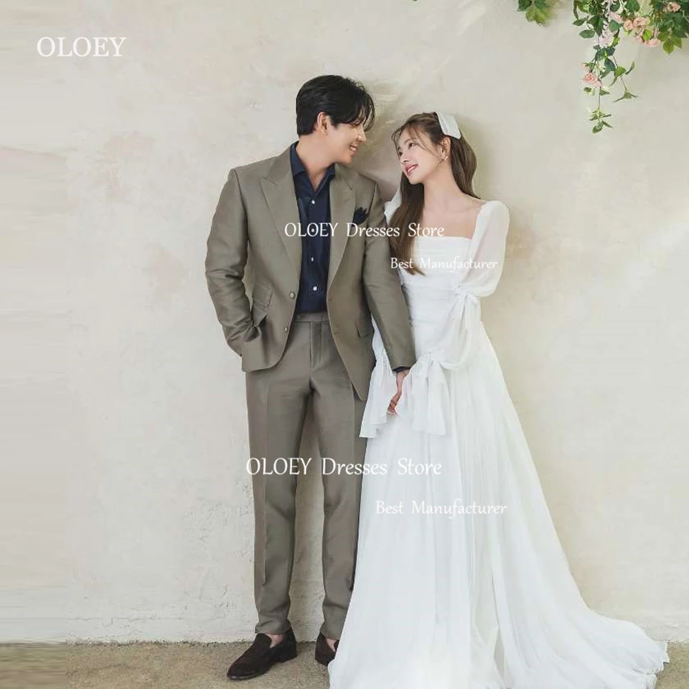 

OLOEY Vintage Simple Silk Chiffon Korea Wedding Dresses Long Sleeves Square Neck Bridal Gowns Formal Party Dress Photoshoot