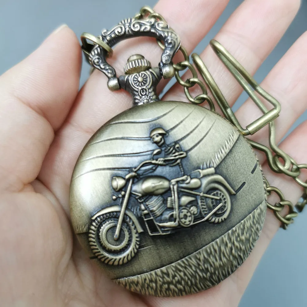 Bronze Skull Riding Motorcycle Quartz Pocket Watch Steampunk