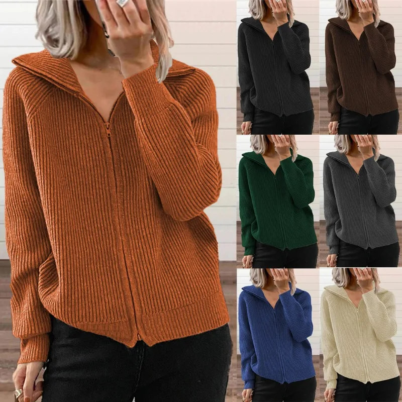 

2023 Autumn Winter New Women's Striped Casual Coat Loose Sweater Zipper Cardigan Long Sleeve Lapel Sweater for Women