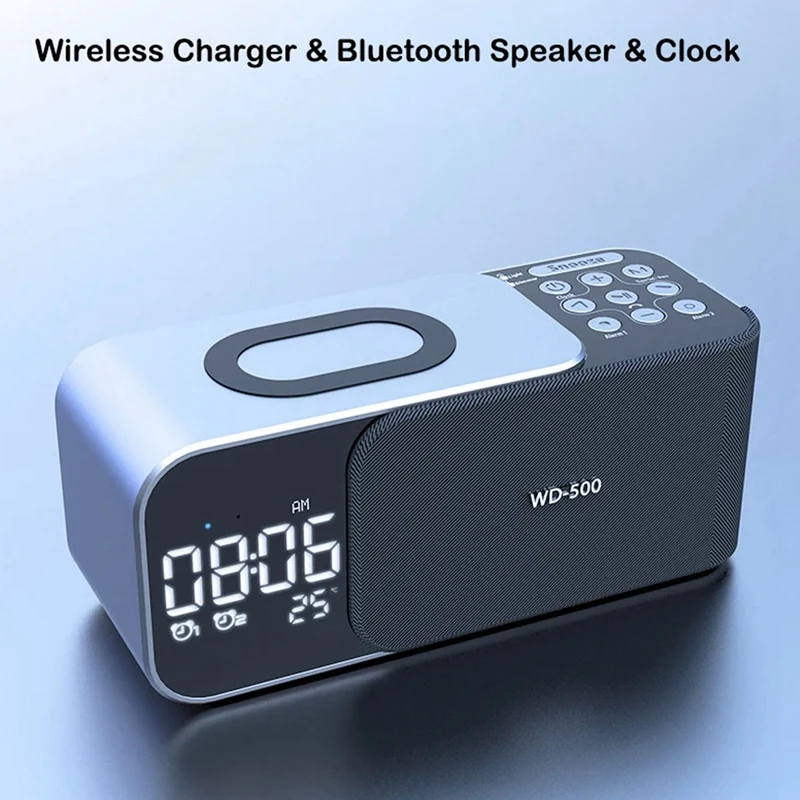 디지털 스테레오 FM 라디오 알람 시계, 야간 조명, 블루투스 스피커, 10W 무선 충전기
