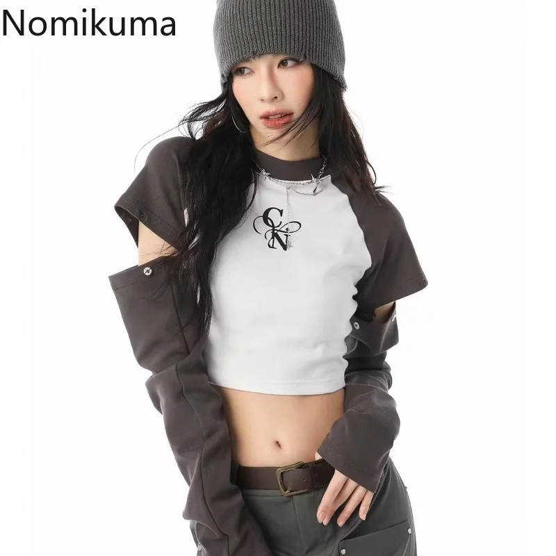 

Harajuku Y2k Tshirts Women Clothing Contrast Color Casual Tees O-neck Detachable Long Sleeves Fashion Crop Tops Korean T Shirt