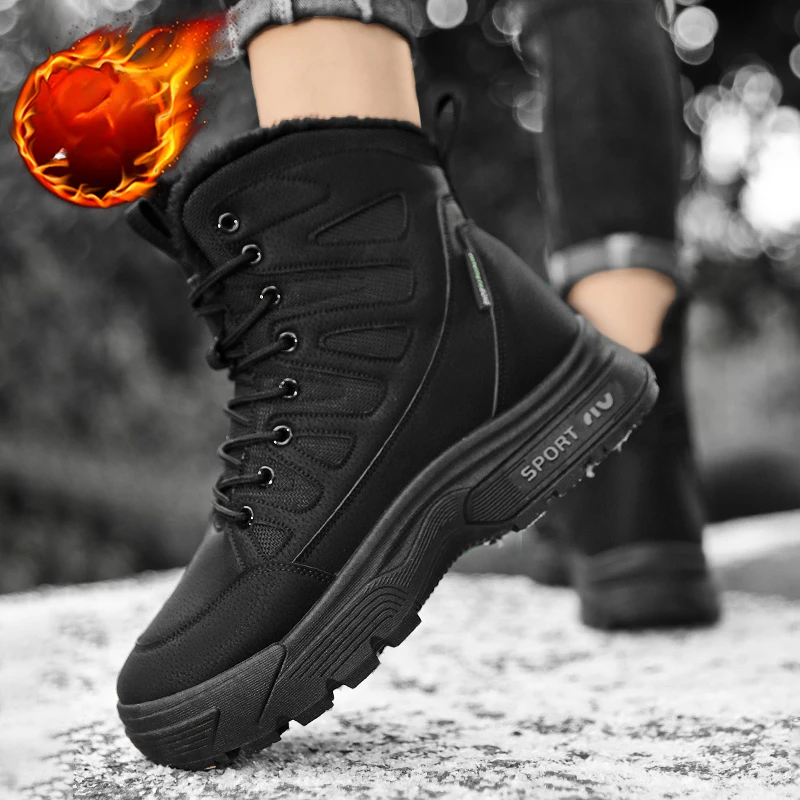 

Теплые плюшевые ботинки для снега, мужские повседневные высокие ботинки на шнуровке, мужские водонепроницаемые зимние ботинки, Нескользящие ботильоны, армейские рабочие ботинки