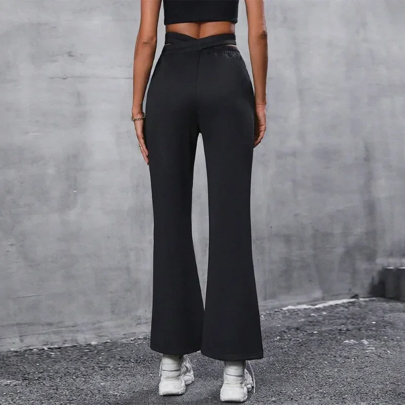 Fashion Women's Simple Slim Sports Hollow Out Waist Flared Pant Female Clothes Temperament Commuting Women Casual Trousers YSQ44