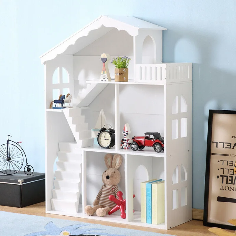 Children's doll solid color staircase combination bookshelf toy house wooden storage cabinet rack floor type multi-layer wooden