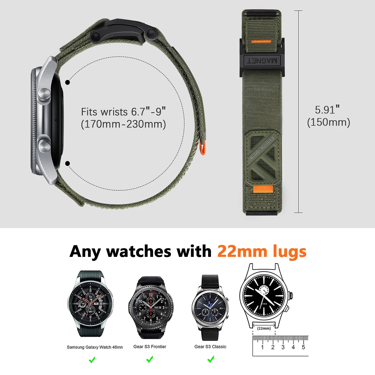 Magnetic Nylon Smartwatch Band - Universal 22mm Strap