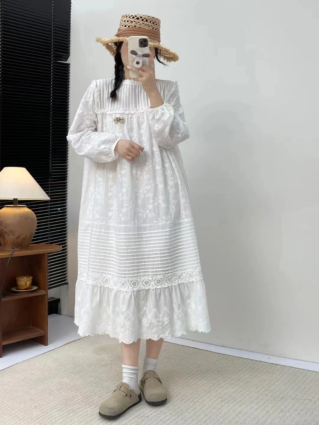 

Bust 130cm Mori kei clothing vintage cotton long dress for women summer spring Japan style long sleeve embroider white dress