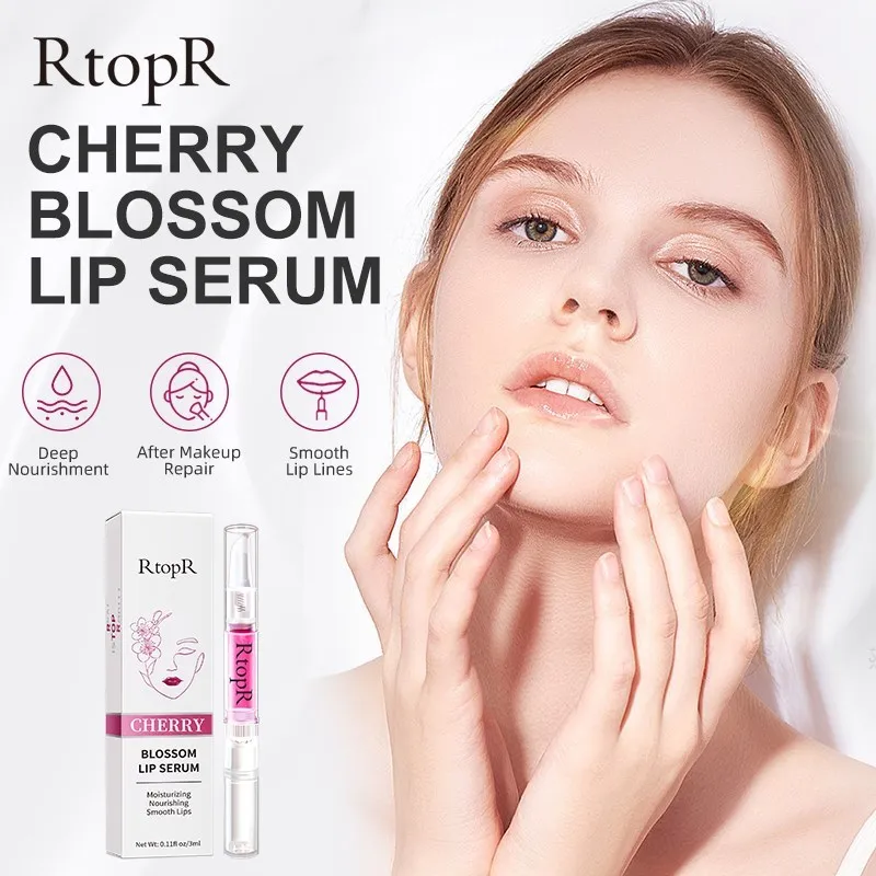 RtopR Cherry Blossom Lip Serum Reduce Lip Fine Lines Essence Mask Dry Crack Peeling Repair Moisturizing Beauty Care 3ml