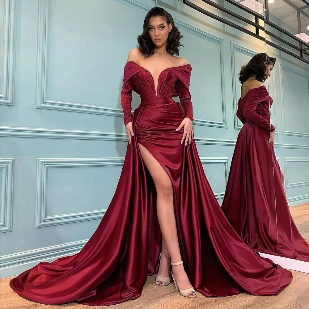 

V-Neck Pleats Satin Long Sleeves Sexy High Side Slit Formal Wedding Guest Evening Prom Dresses Summer 2023