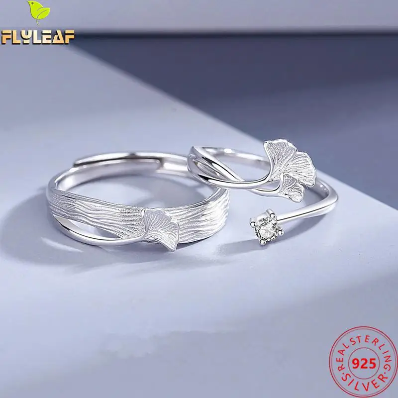 

Real 925 Sterling Silver Ginkgo Leaf Open Couple Ring For Women Men Original Design Romantic Lovers' Fine Jewelry 2023 New