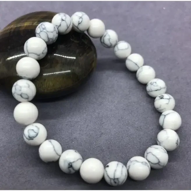 

8mm Bead Women Men's Natural Gemstone Stone White turquoise Cuff Charm Bangle Bracelet