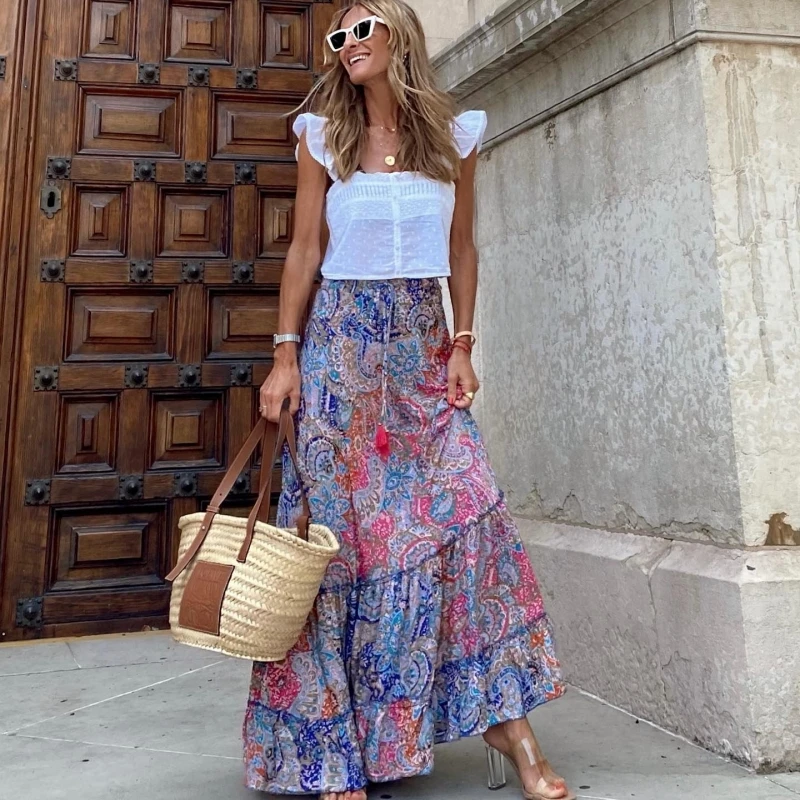 

Skirt New 2023 Summer Women's Wear Fashion Elegant Loose And Casual Ethnic Retro Lace Up Waist Blue Print Pleated Ruffles Edge