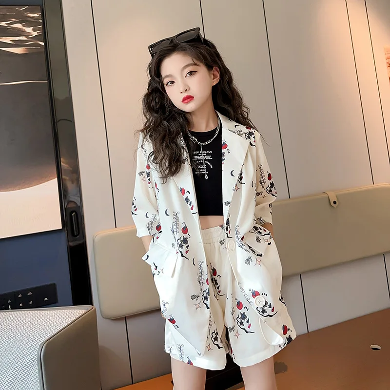 

5-16Y Teen Girls Blazers Suit Korean Fashion Children Short Sleeve Floral Cardigan Jacket+Shorts Pants Kids Summer Clothes Sets