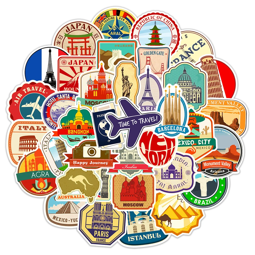 10/30/50pcs Retro Travel Landmark Building Stickers Vintage Decal Skateboard Luggage Laptop Phone Car Waterproof Sticker Kid Toy 32pcs travel postcard vintage landscape building photo picture poster post pards