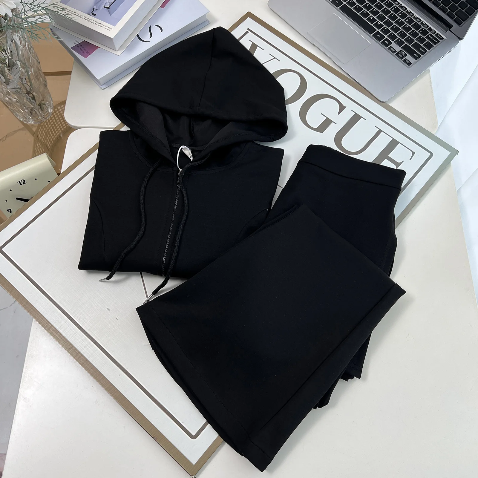 XXXXL Fashion Plus Size Women's Sets Casual Autumn Hooded Zipper Top And Flared Long Pants Two Pieces Set