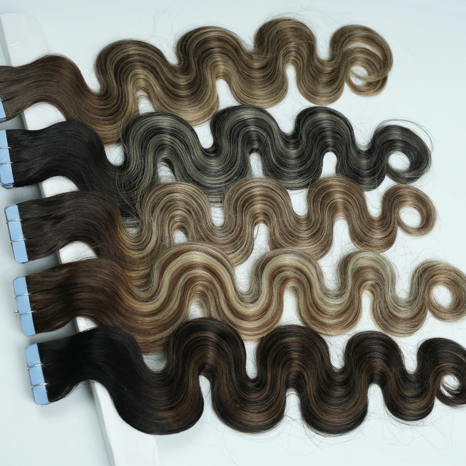 LOVEVOL 20 pcs Body Wave Tape in Hair Extensions Human Hair 100% Real Remy Skin Weft for Women Natural Color 20 Inch