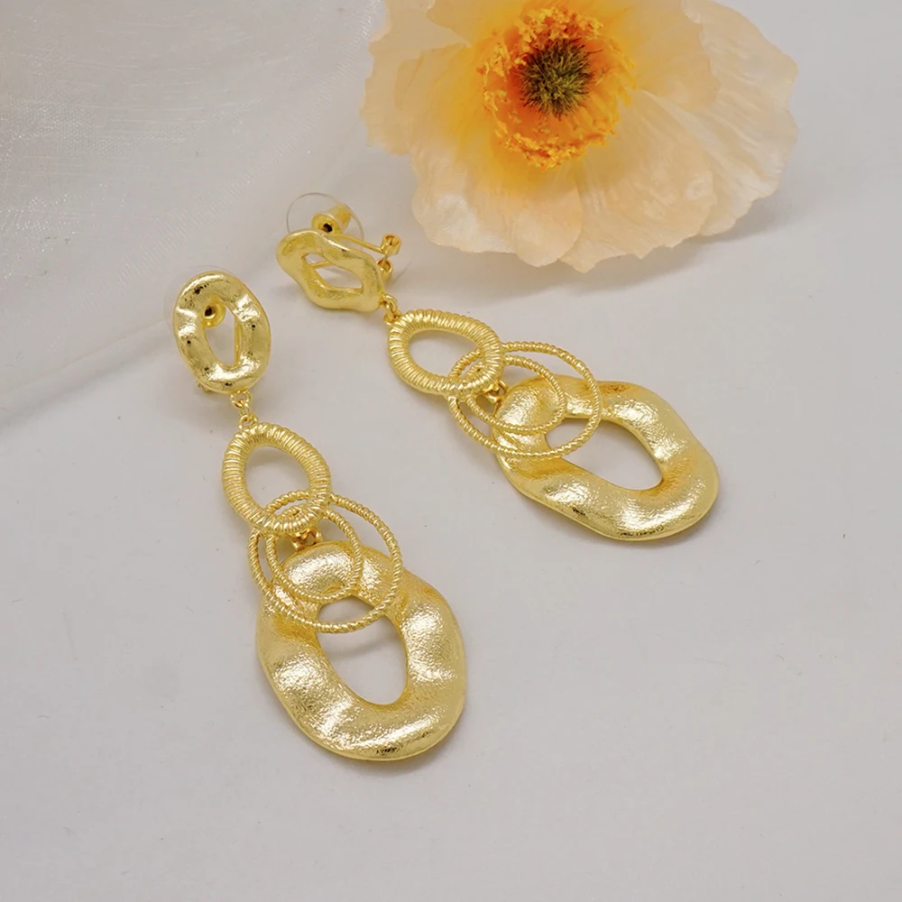 Fashion Dubai Plated Gold Color Big Geometric 3 Circle Earings Long Round Dangle Earrings For Women Party Gift Wedding Jewelry